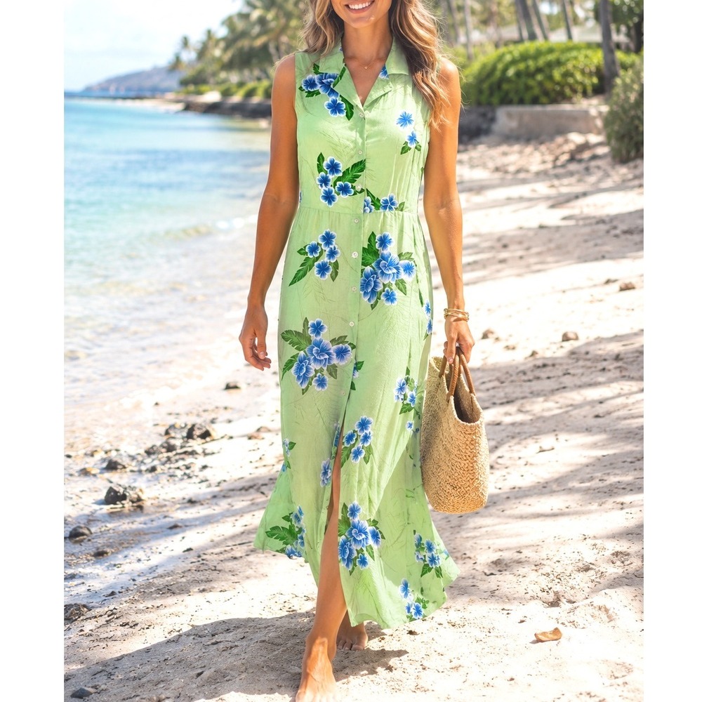 Original Island sport button front dress Hawaiian flower print 12 womens maxi A2
